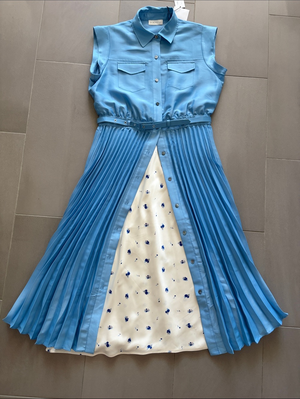 Elie Tahari Natalya blue pleated shirt dress with belt, length 49",NWT - Picture 15 of 16